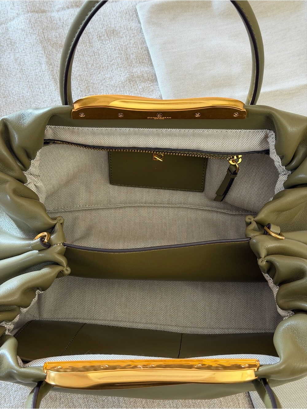 Donna Karan Olive Green Leather Satchel with Gold Accent - Picture 3 of 15
